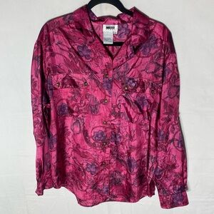 Vintage Leslie Fay Sport Pink Purple Floral Button Up Shirt Blouse L